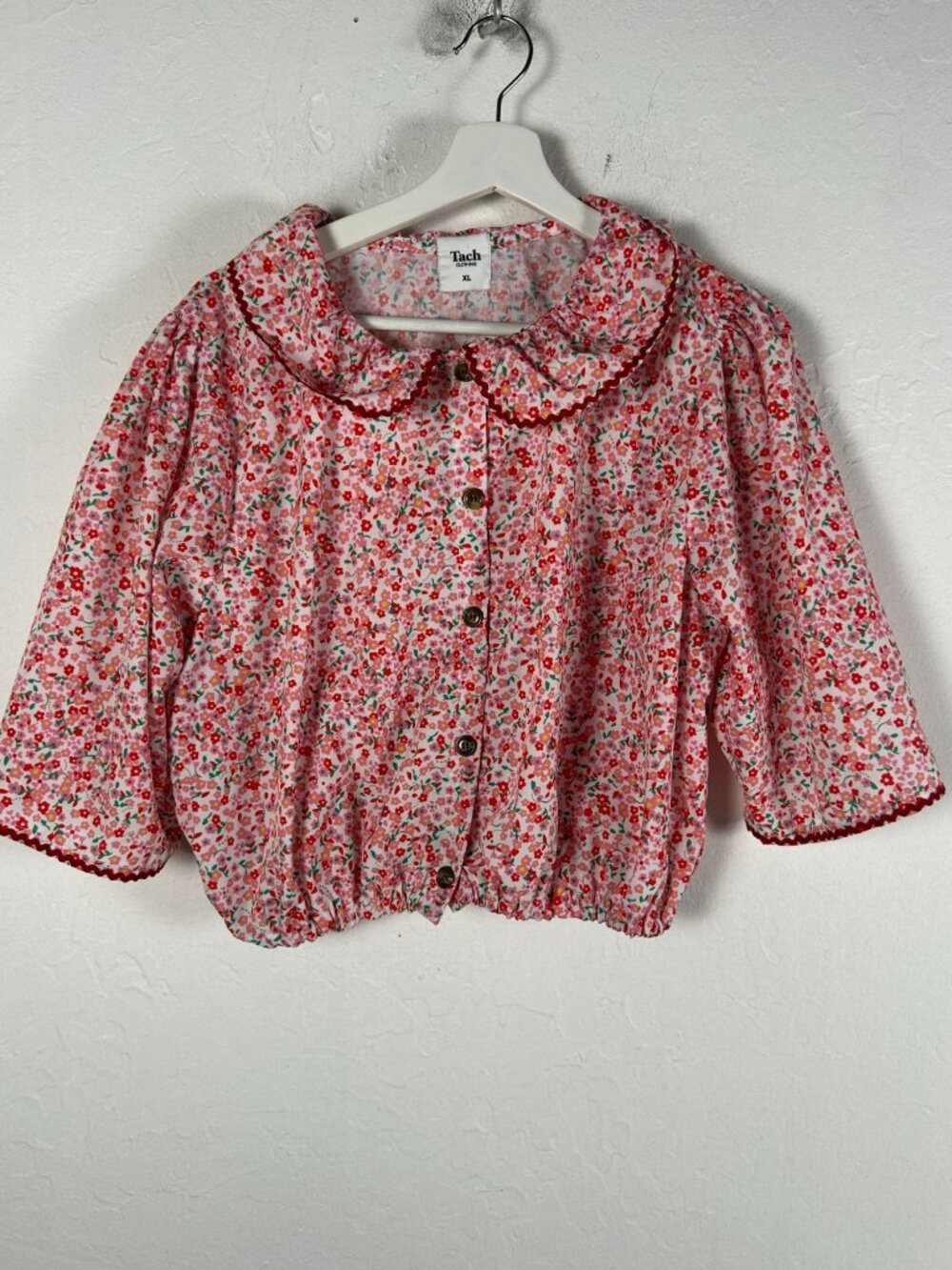 Tach Clothing Womens Floral Bernarda Cropped Top Blouse XL Pink 3/4 Sleeve